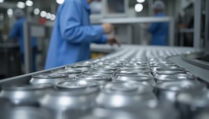 Aluminum beverage cans moving along a conveyor belt in a factory