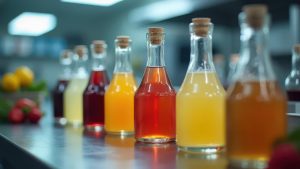Beverage developer arranging flavor sample bottles in a test kitchen